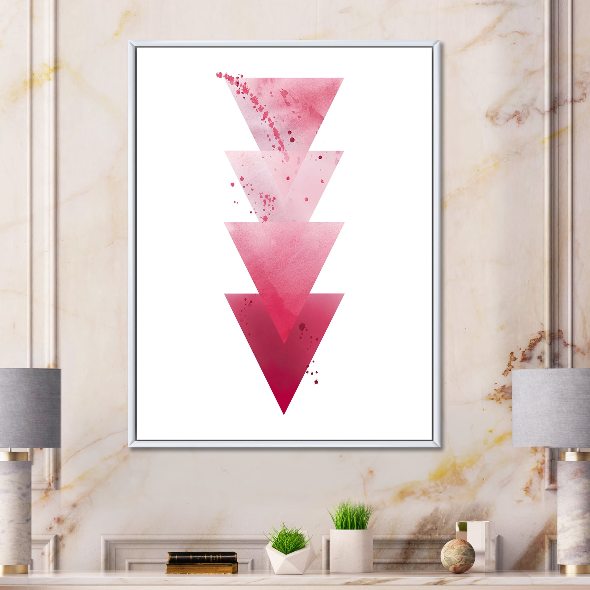 Designart 'Abstract Geometric Art Red Triangles Composition' Modern Framed Canvas Wall Art Print