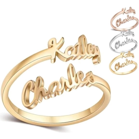 Zephyriana Personalized Double Name Ring, Personalized Custom Adjustable Promise Letter Band, Couple Customized Ring Jewelry Gift for Him Her
