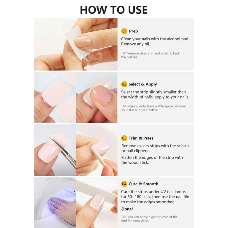 Semi Cured Gel Nail Strips, French Tip, 20 Pcs, White Tips, Clear