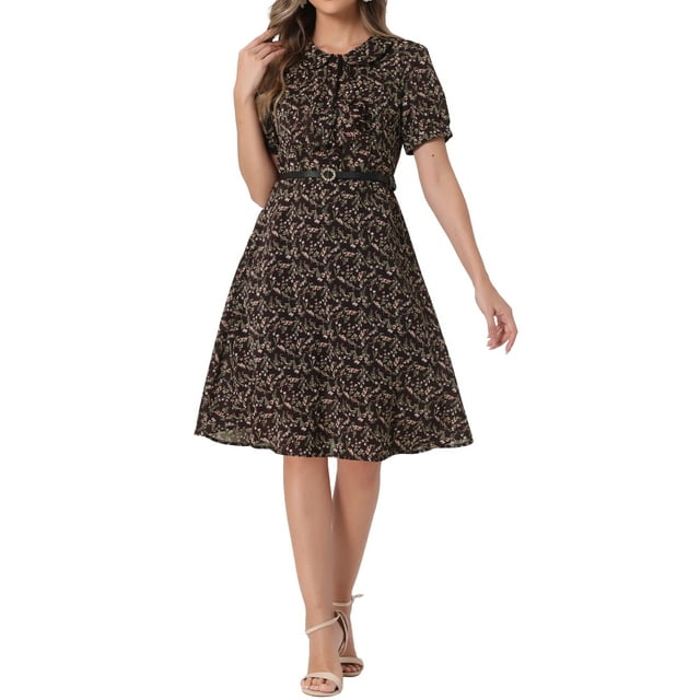 INSPIRE CHIC Vestido Vintage para Mujeres con Estampado Floral, Cuello Peter Pan, Largo a la Rodilla, Casual, Marrón