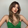 thumbnail image 3 of Graflsoa 2022 Trendy Gradient Golden Black Brown Wavy Ends Medium-Length Straight Wig, High-Temp Fiber, Multiple Colors & Types Available, Model LC259-5, 3 of 6