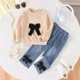 thumbnail image 2 of Gubotare Toddler Girl Sweatsuit Girls' Top & Pants Set Straight Leg Pants Letter with Bow Detail Long Sleeve Hooded Western & Casual Wear 2T 3T (Beige,2-3 Years), 2 of 8