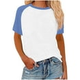 thumbnail image 2 of Shirts for Women under $5 Short Sleeved Round Neck Color Block Printed Pullover T-shirt Blue, 2 of 5