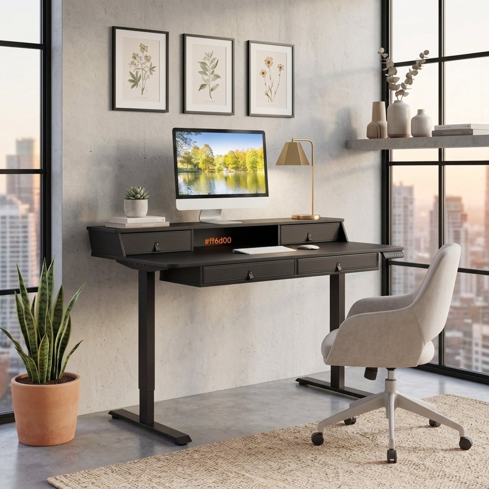 Furnibear 55 x 27 Inch Electric Standing Desk with 4 Drawers Monitor Stand Child Lock and Cable Management for Home Office, Black