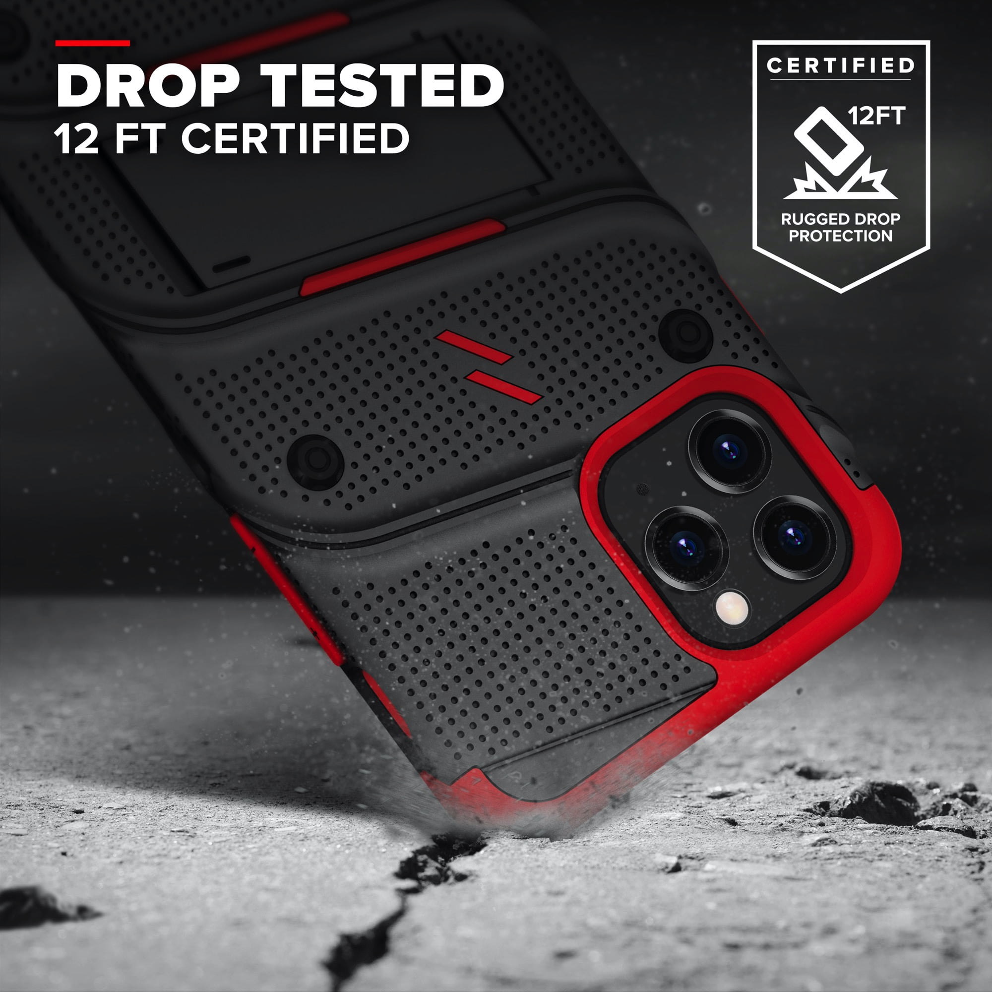 ZIZO BOLT Series for iPhone 12 / iPhone 12 Pro Case with Screen Protector Kickstand Holster Lanyard - Black & Red