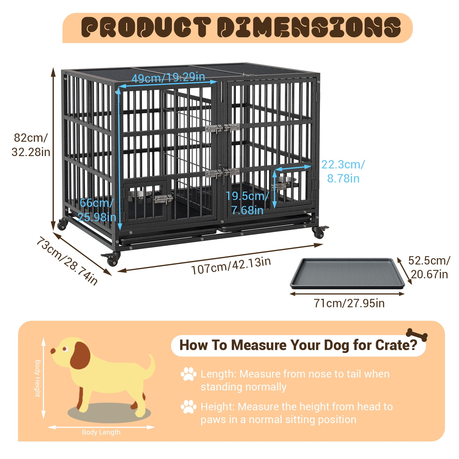 Heavy Duty Dog Crate with Wheels - 42" Steel Cage for Medium & Large Dogs