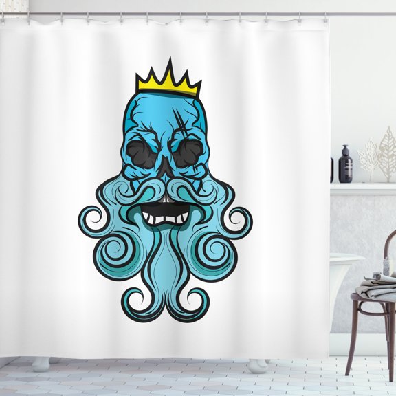 Skull Shower Curtain, Portrait with Beard and Royal Crown Skeleton Motif Illustration, Fabric Bathroom Set with Hooks, 69W X 70L Inches, Yellow Turqouise and Pale Blue, by Ambesonne