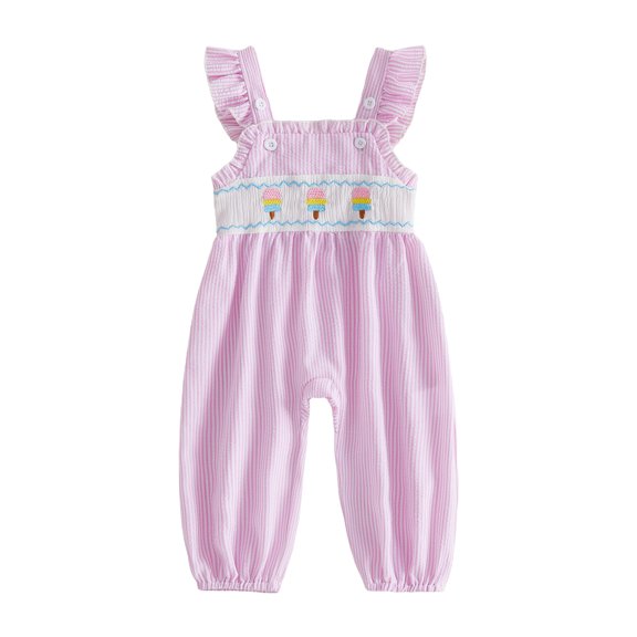 BemeyourBBs Toddler Baby Girls Summer Clothes Cute Infant Baby Girls One Piece Outfit Romper Overalls Ice Cream Embroidery Ruffled Sleeves Square Neck Jumpsuit