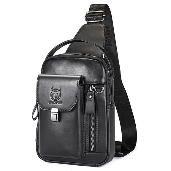 BIMZUC Genuine Leather Sling Bag Crossbody Shoulder Chest Daypack for Men and Women, Black (9.06 inches / 23 cm)