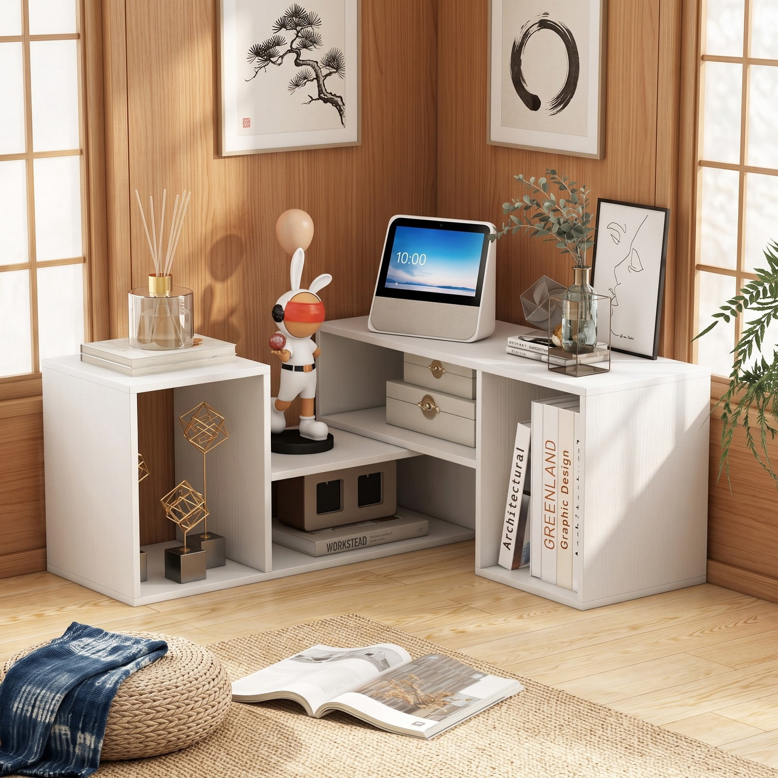Furnibear 2 Piece Adjustable TV Stand for TVs up to 55 Inch, Expandable Entertainment Center with Open Storage Cubes, Modern Wood Media Console for Living Room, White