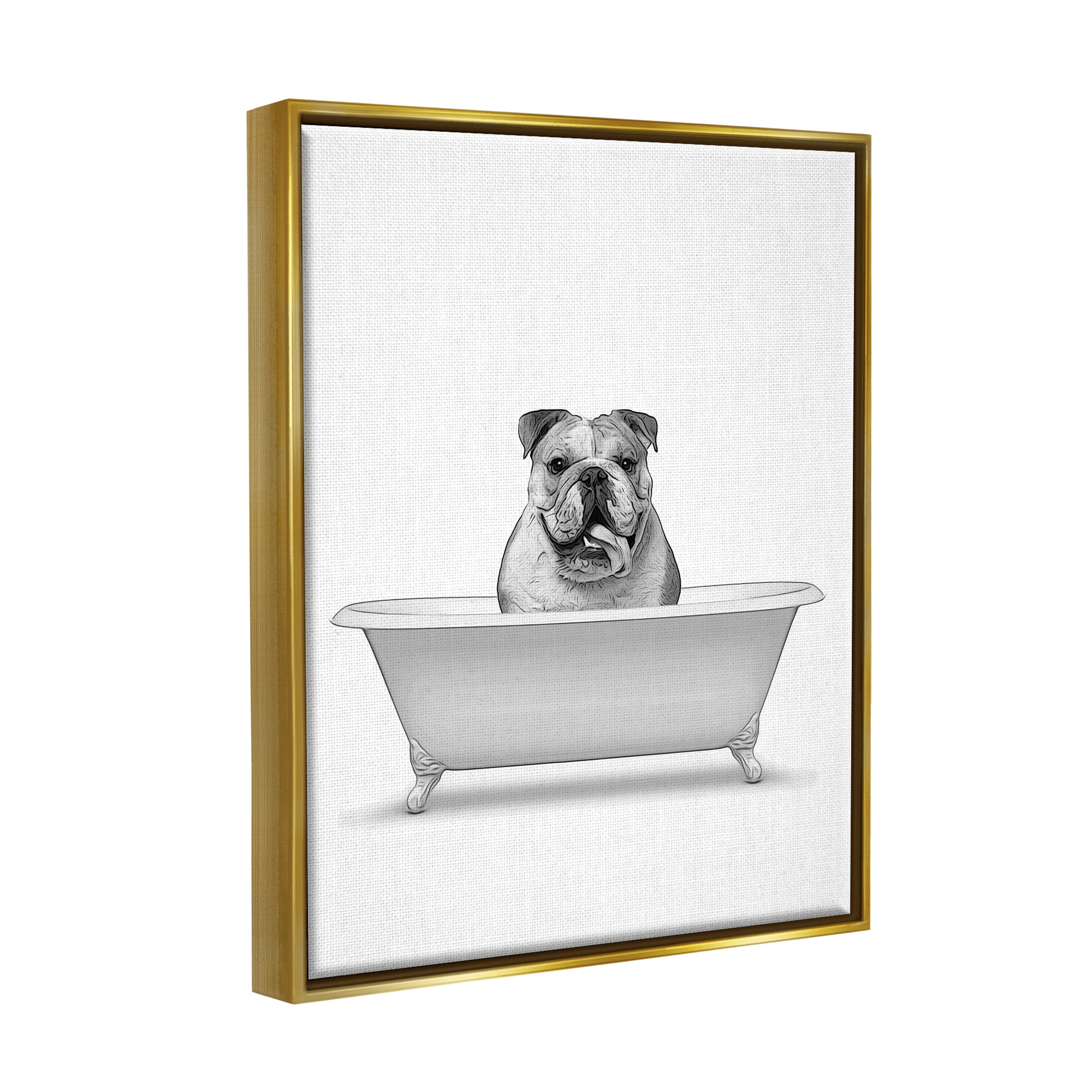 Stupell Industries Bulldog In Tub Bathroom Animal Animals & Insects Painting Gold Floater Framed Art Print Wall Art