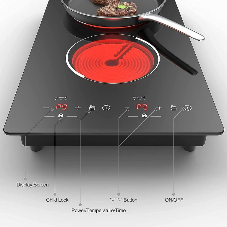 VBGK Electric Cooktop 2 Burners 12 inch 2000W Plug in Electric Burner  Countertop and Built-in Hot Plate for Cooking 110v,120 Minutes Timer & Auto  Shutdown Electric Stove,Child Lock Electric Stove Top 