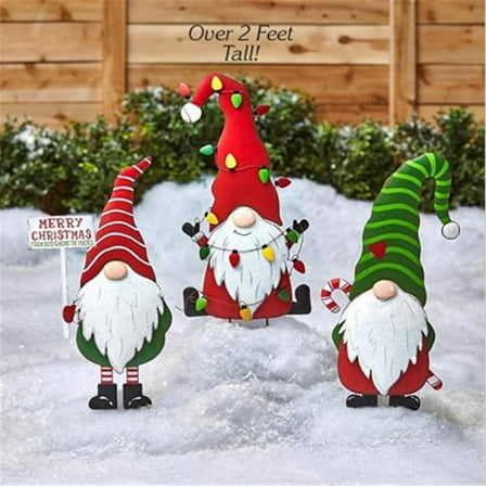 Christmas Yard Decorations Metal, Outdoor Garden Stakes for Holiday Lawn Decor, Gnomes Planting Ornaments with Welcome Sign, Iron Floor Insert
