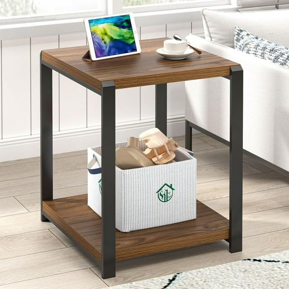 Modern End Table, Square Side Table with Storage Shelf for Living Room, Rustic Wood Night Stand for Bedroom, Walnut