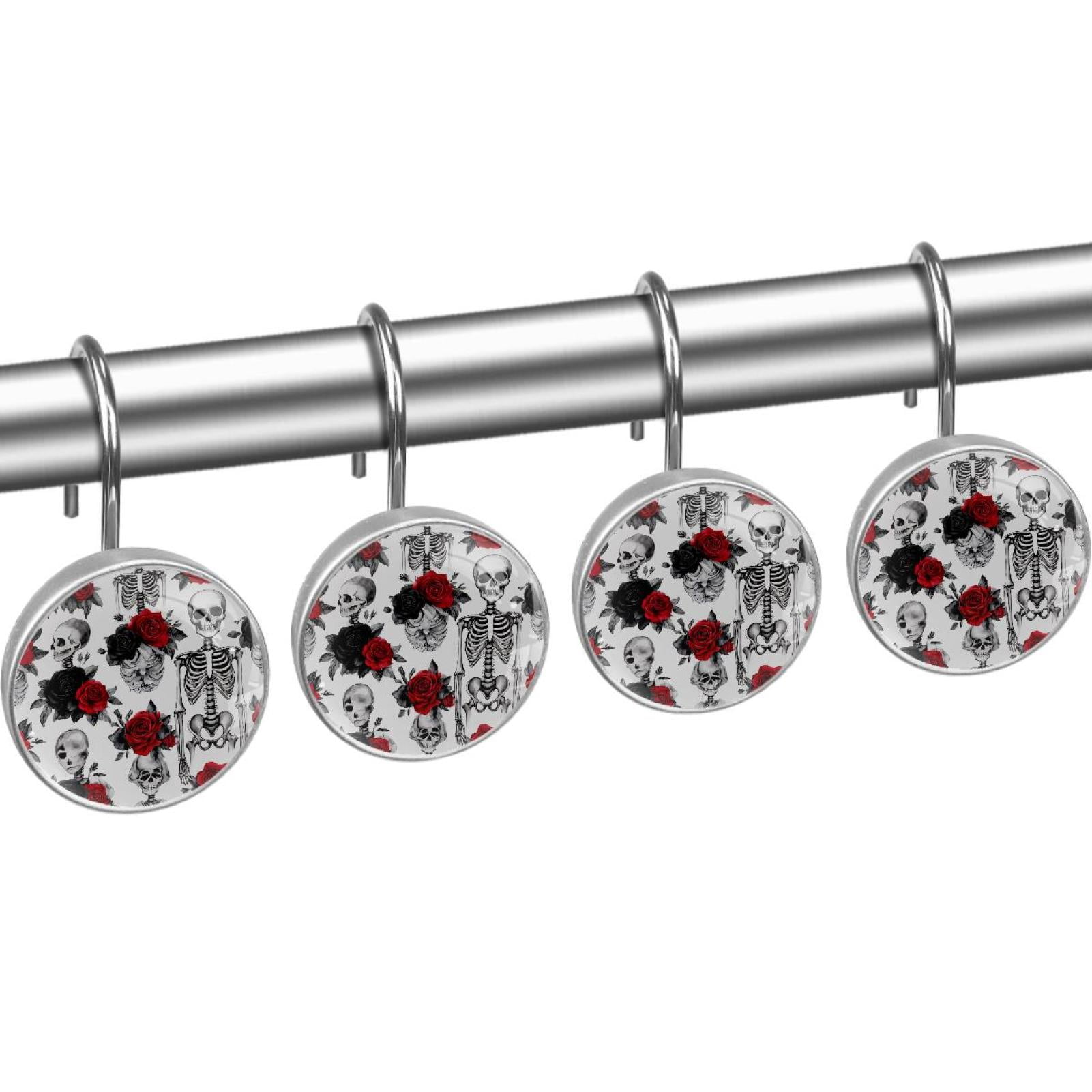 Skeleton Red and Black Roses Shower Curtain Hooks Round Crystal Glass, Set of 12 Shower Curtain Rings - Shower Hooks for Curtain Shower Rings