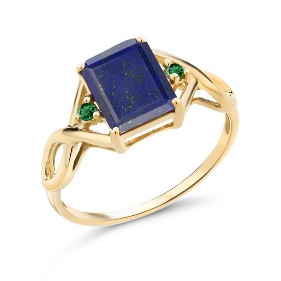 Gem Stone King 2.05 Ct Blue Lapis Green Nano Emerald 18K Yellow Gold Plated Silver Ring (Size 7)