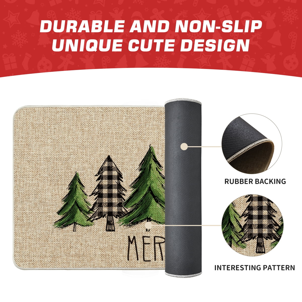 Sm:)e Merry Christmas Trees Christmas Decorative Doormat, Seasonal Winter Christmas Holiday Low-Profile Floor Mat Switch Mat for Indoor Outdoor 17 x 47 Inch