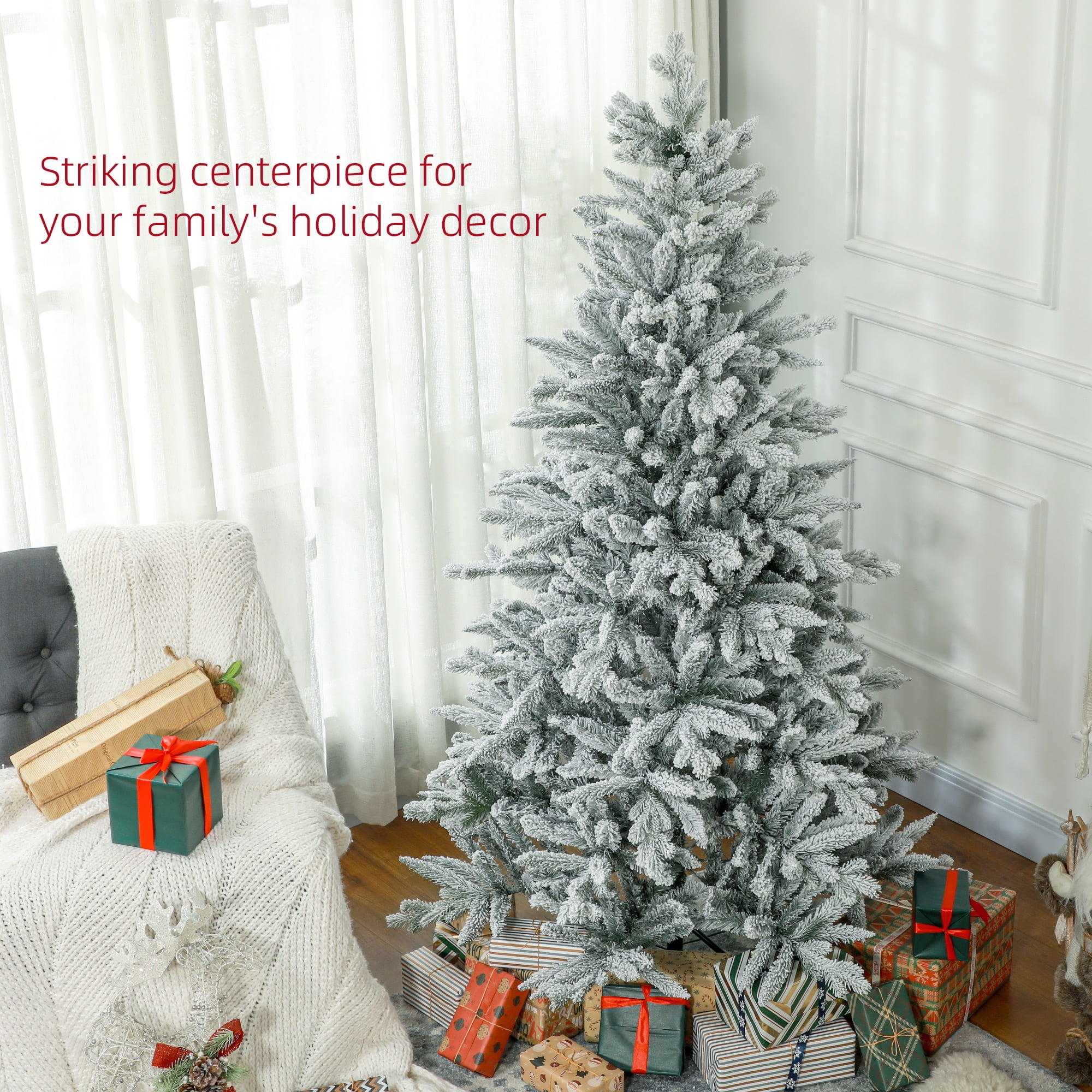 6ft Snow Flocked Christmas Tree 994 Tips Quick Setup Flame Retardant Indoor Holiday Decor