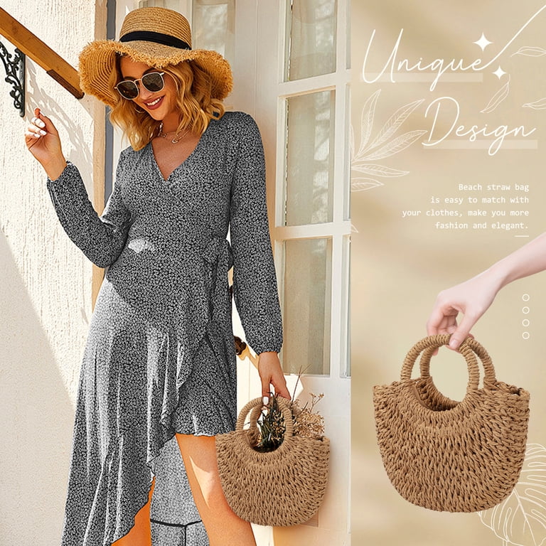 Gocvo Half-Round Straw Beach Bag with Shoulder Strap photo 5