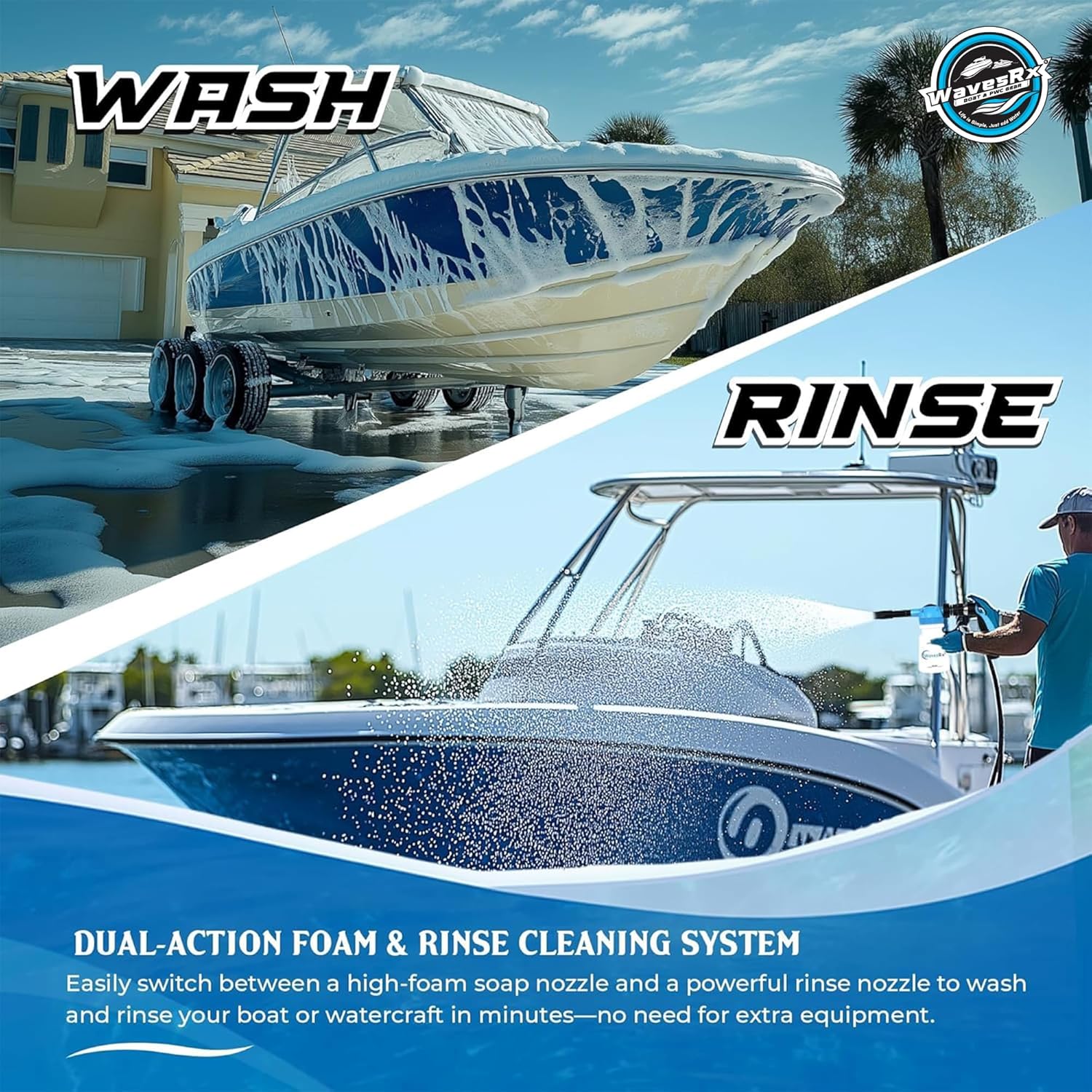 WAVESRX Foam Cannon Sprayer Gun and Boat Cleaner | Dual-Use Marine Soap Foamer to Quickly Wash and Rinse Salt Away