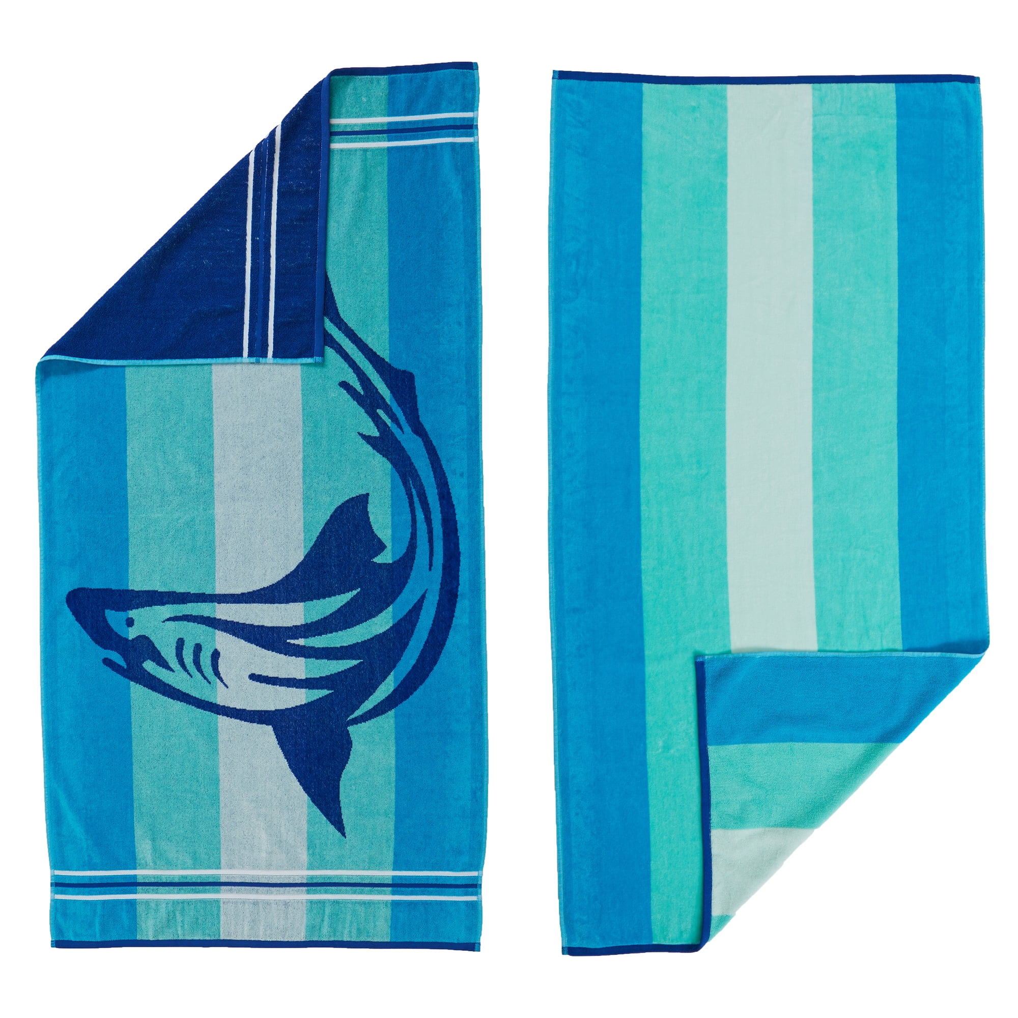 Great Bay Home Cotton Printed 2Pack Beach Towel (2 Pack 30" x 60", Shark / Stripe)