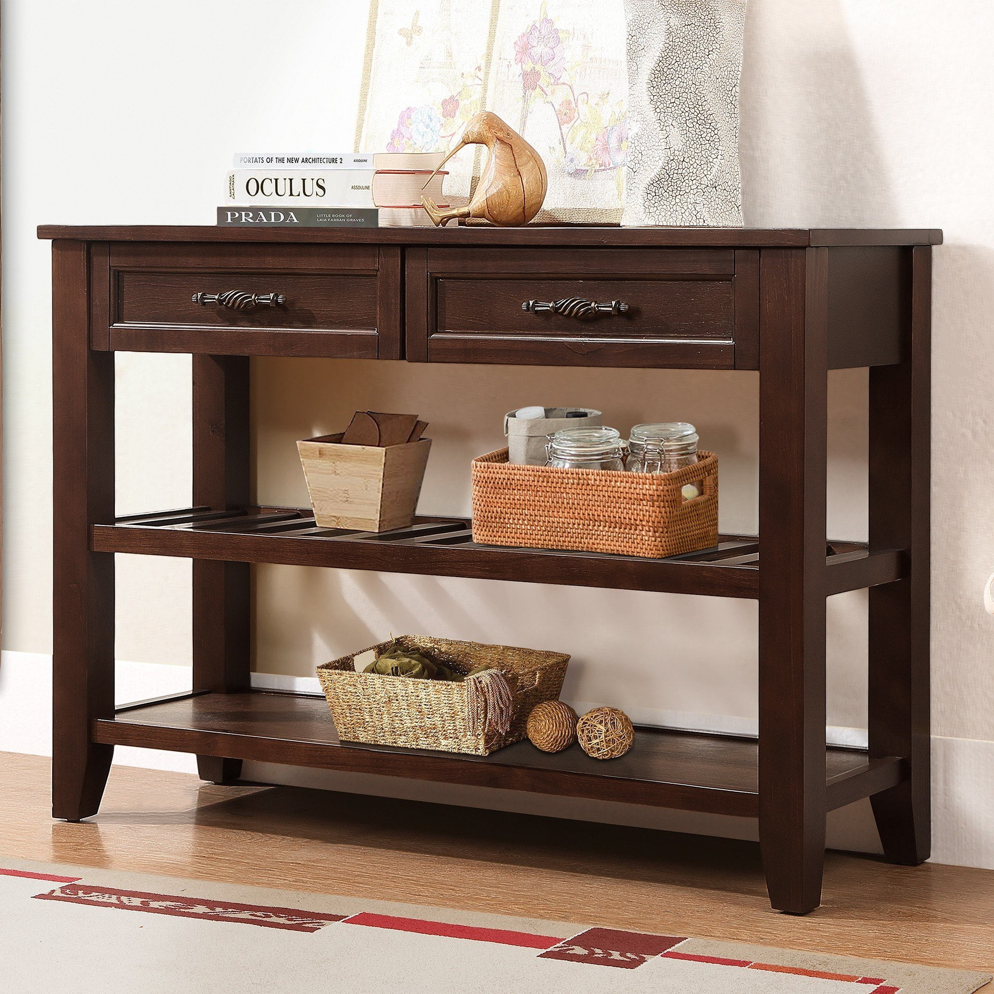 SESSLIFE 42 Inch Solid Wood Console Sofa Table with 2 Drawers and 2 Tier Shelves, Mid-Century Entryway Table Buffet Sideboard for Living Room Hallway Kitchen, Espresso
