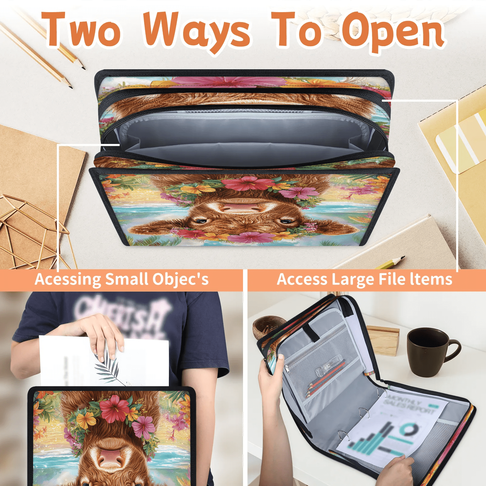 Herdesigns Funny Highland Cow Zipper Binder with Shoulder Strap, Waterproof 1.5 Inch 3 D-Ring Binder Organizer Bag, Fits 13 Inch Laptop for Work, Rustic Farmhouse Bull Animal