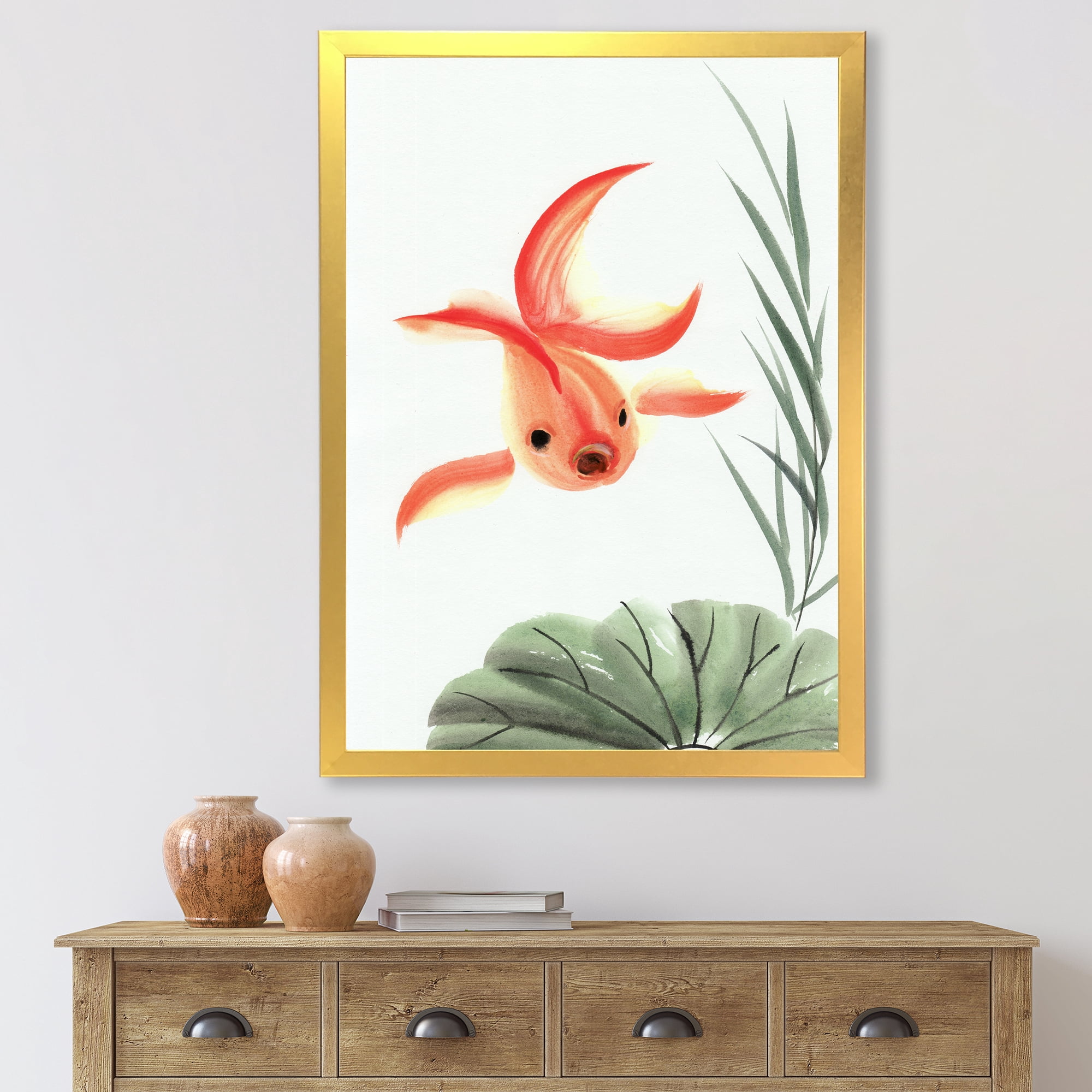 Designart 'Ancient Goldfish and The Lotus Leaf' Nautical & Coastal Framed Art Print