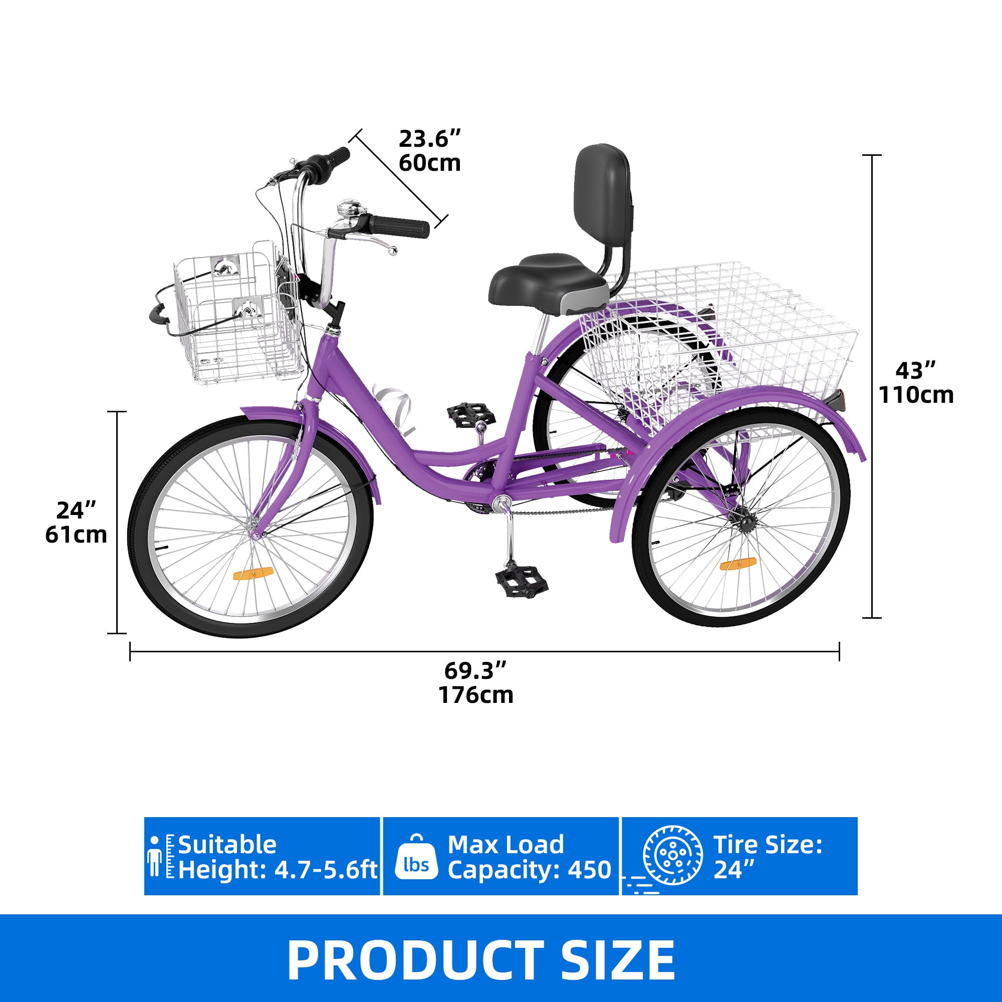 Uforic Adult Tricycle, 24 Inch 7 Speed Three Wheel Bike, Cruiser Trike with Large Seat Backrest for Men Senior Women, Purple