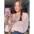 thumbnail image 5 of Women'S V Neck Pleated 3D Floral Flared Long Sleeve Dressy Blouses Tops Pink L, 5 of 10