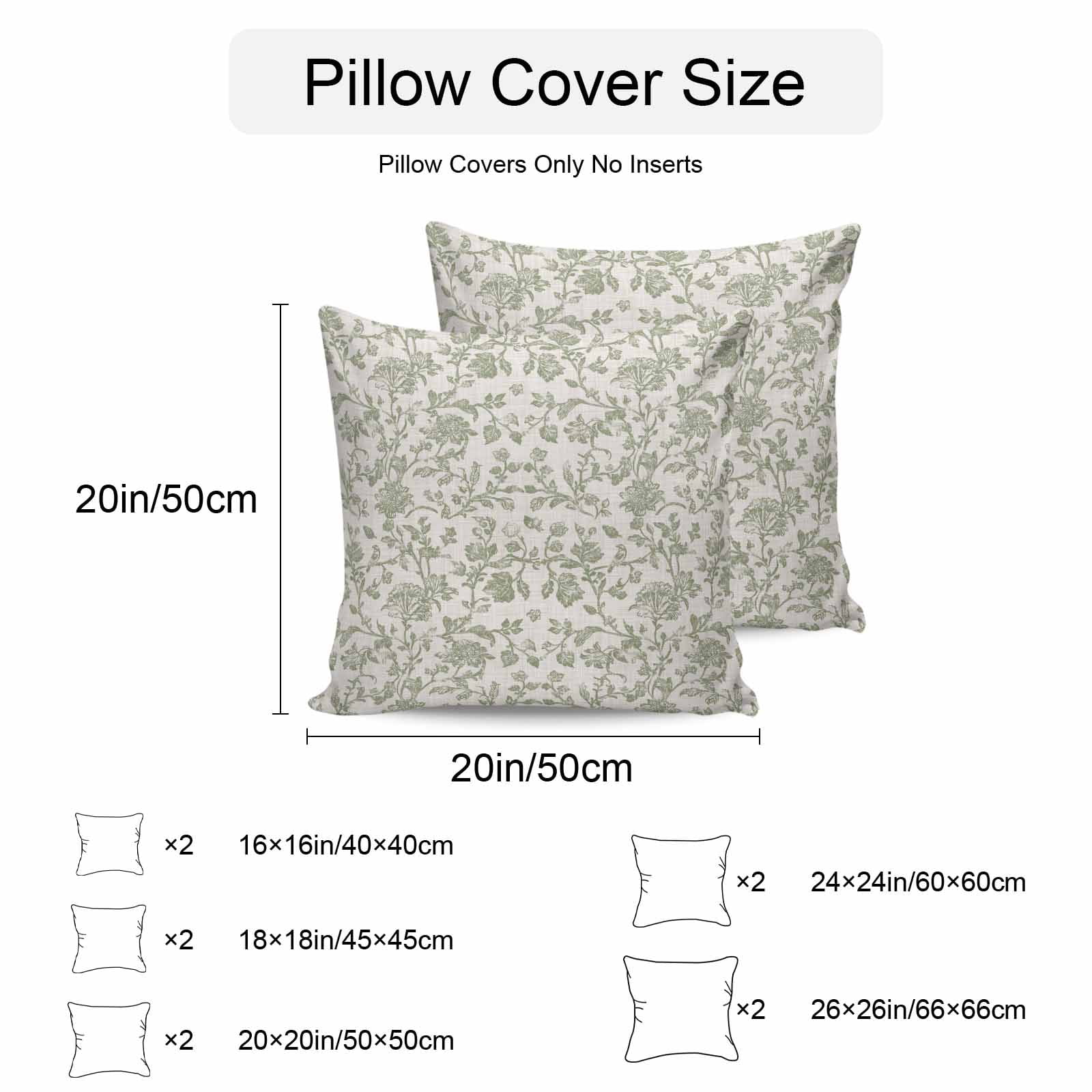 Waterproof Throw Pillow Covers Set of 2, 26x26 Inch Farmhouse Sage Green Decorative Pillowcases Outdoor Pillow Slip Cushion Covers Set for Couch Tent Vintage Flower Leaf Botanical