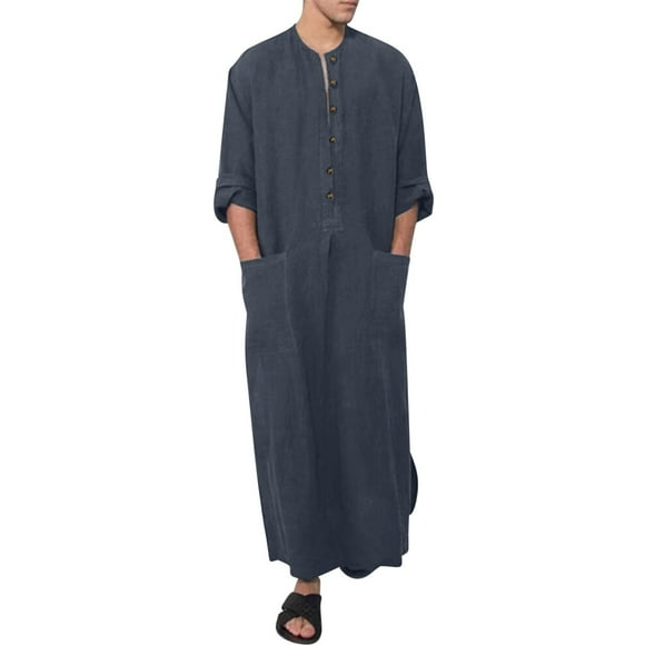 Lovzfmll Men's Solid Color Long Sleeve Button-Down Thobe, Islamic Muslim Jubba Robe with Traditional Design Gray, M