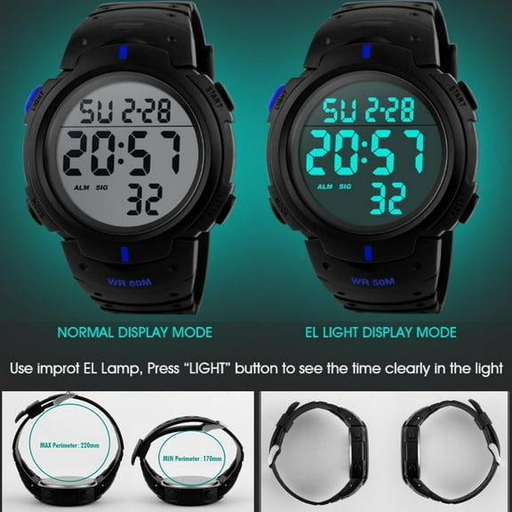 Digital Sports Watch for Men Large Face LED  Watch Waterproof Casual Luminous Stopwatch Alarm