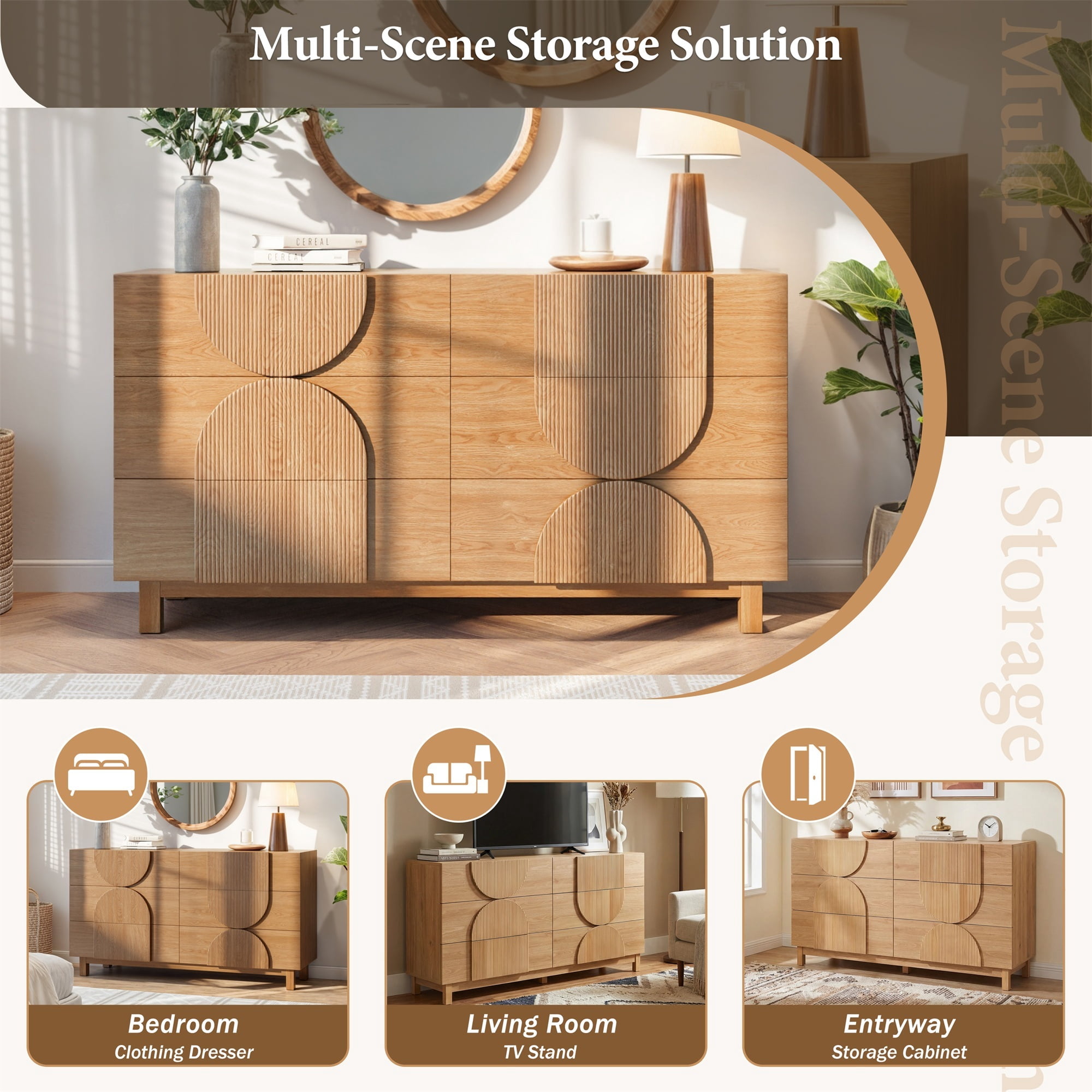 Alvantor 6 Drawer Dresser, 60" Wide Wooden Chest of Drawers, Fluted Dresser for Bedroom,Living Room, Hallway Natural