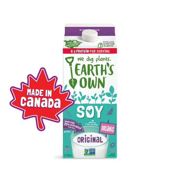 Lait de soya biologique Earth's Own, Originale 1,75L, sans gluten, sans produits laitier, à base de plantes, fabriqué au Canada à base de plantes 1,75L