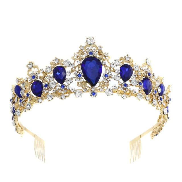 1pc Crystal Rhinestones Crown with Comb Elegant Large Crown for Party Wedding Cosplay (Blue)