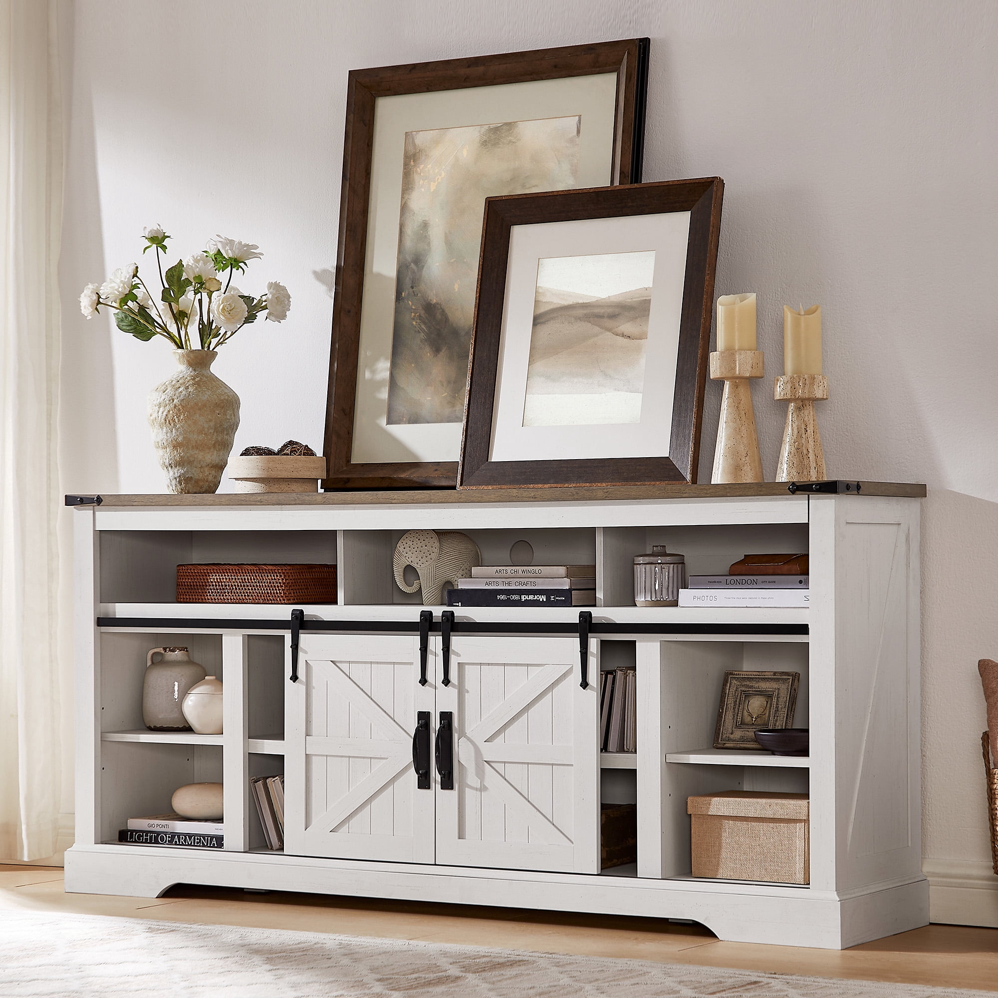 KeyWhat Farmhouse TV Stand for TVs Up to 80", 9 Storage Compartments, Sliding Barn Doors