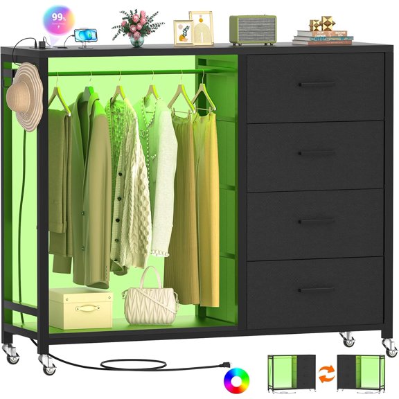 Dresser with Hanging Rack Fabric Drawers Dresser with Clothes Rack Wooden Top Storage Chest of Drawers with Charging Station &; LED Lights Lockable Wheels Closet