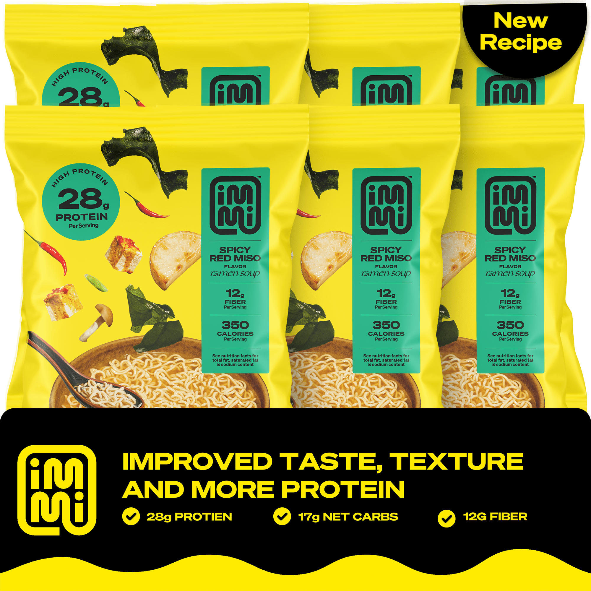 Immi Spicy Red Miso Instant Ramen, 28g Protein, 12g Fiber, Plant Based, 6 Pack