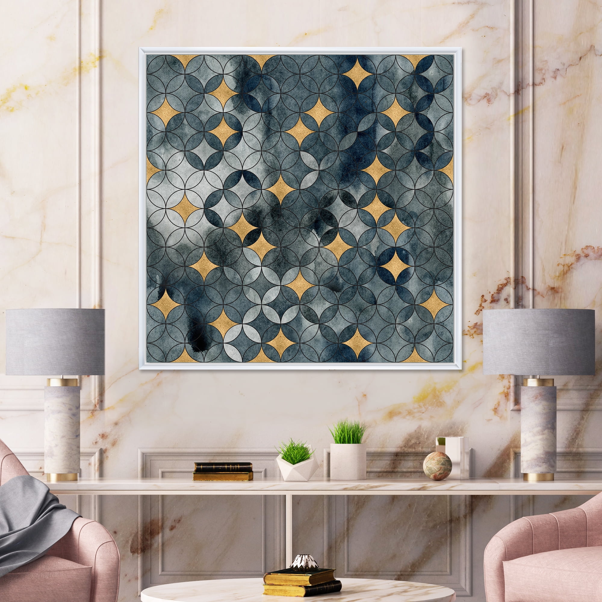Designart 'Geometry Golden Stars With Intersecting Circles' Modern Framed Canvas Wall Art Print