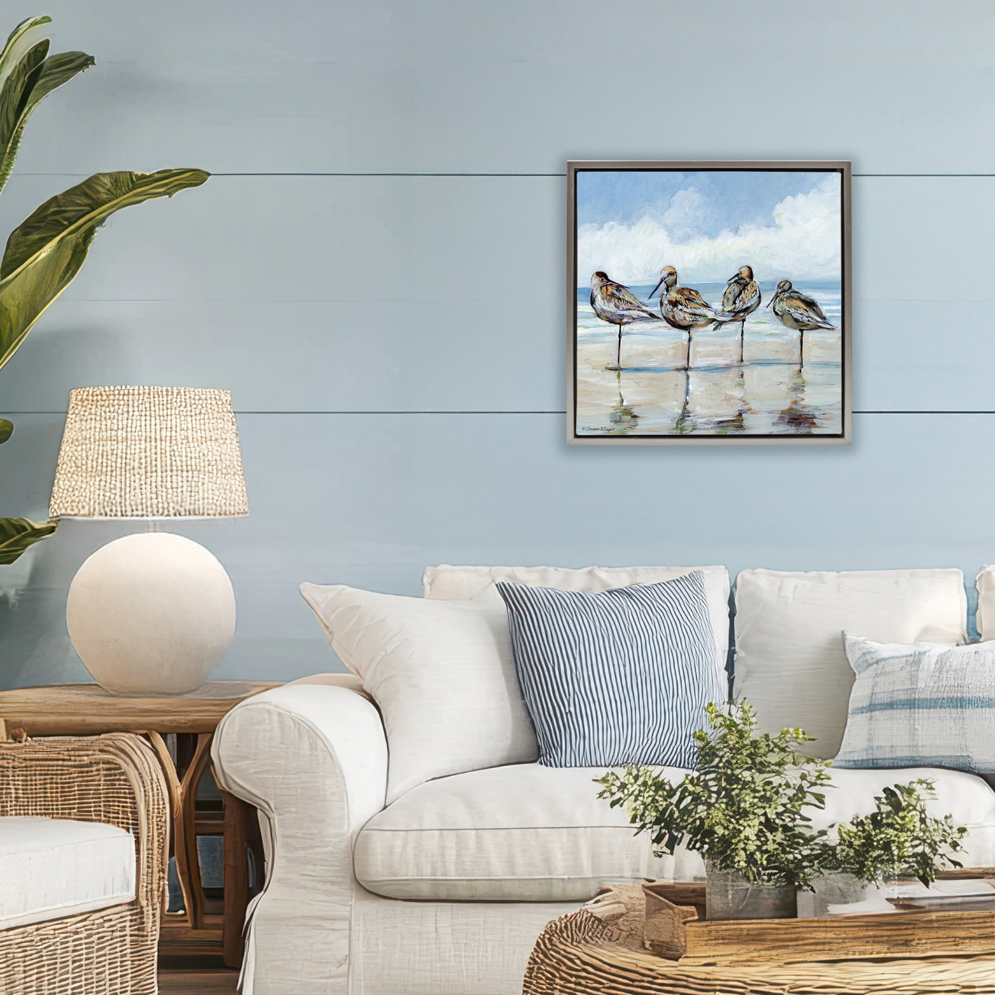 Stupell Industries Sandpipers Balancing On Beach Gray Framed Floater Canvas Wall Art, design by Susan Winget