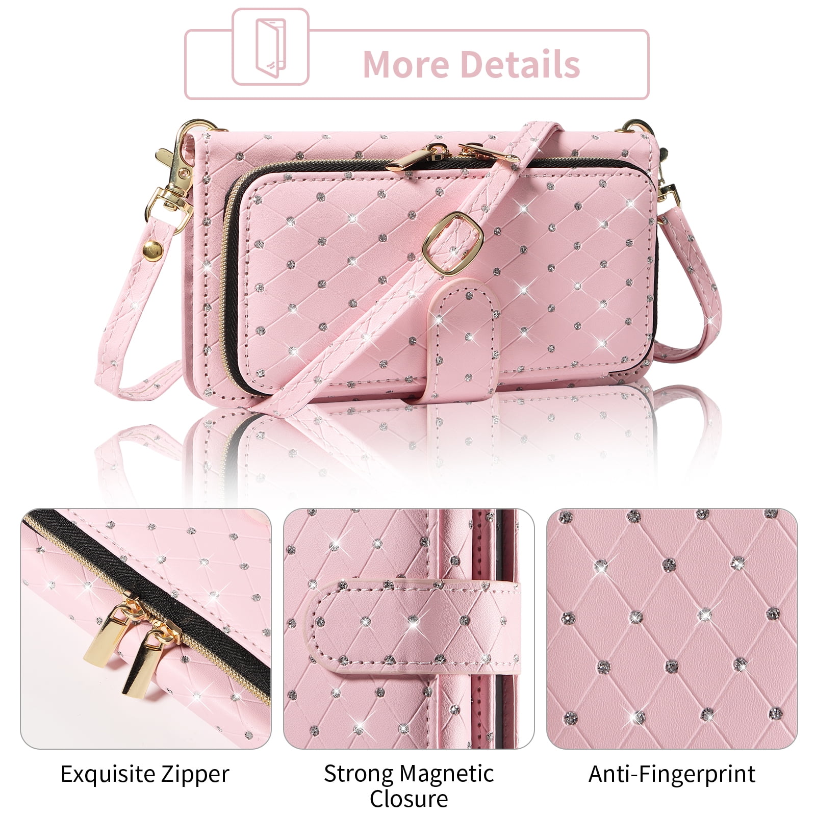 Compatible with Samsung Galaxy A54 5G Wallet Phone Case Tempered Glass Screen Protector Bling Glitter Crossbody Lanyard Strap Flip Zipper Purse Card Holder Cell Cover for A 54 54A SM A546U Women Pink