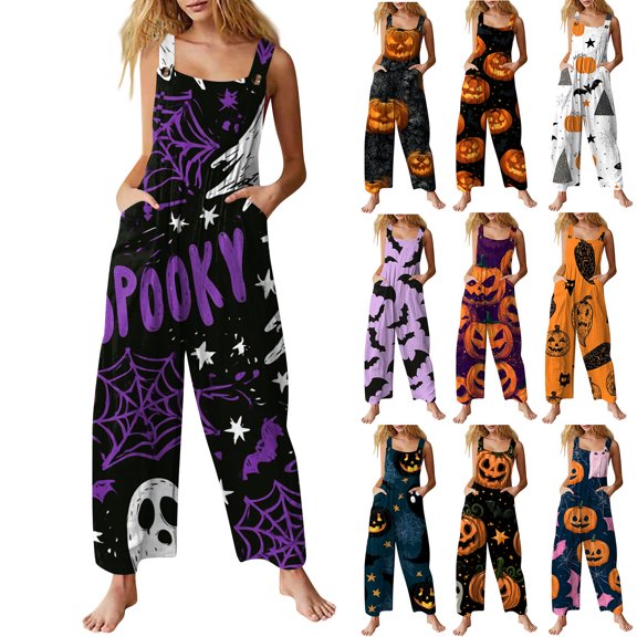 Evdexr Halloween Jumpsuits for Women 2026 Jack O Lantern Ghost Graphic Rompers Wide Leg Square Neck Sleeveless Pants Vintage Wide Straps Costumes with Pockets L