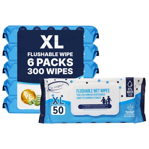 Air Jungles Flushable Wipes 300 Ct, XL 7 x 7 in with Aloe Vera & Vitamin E for Sensetive Skin, Body Wet Wipes -Septic and Sewer Safe- Fresh Scent, 6 Pack