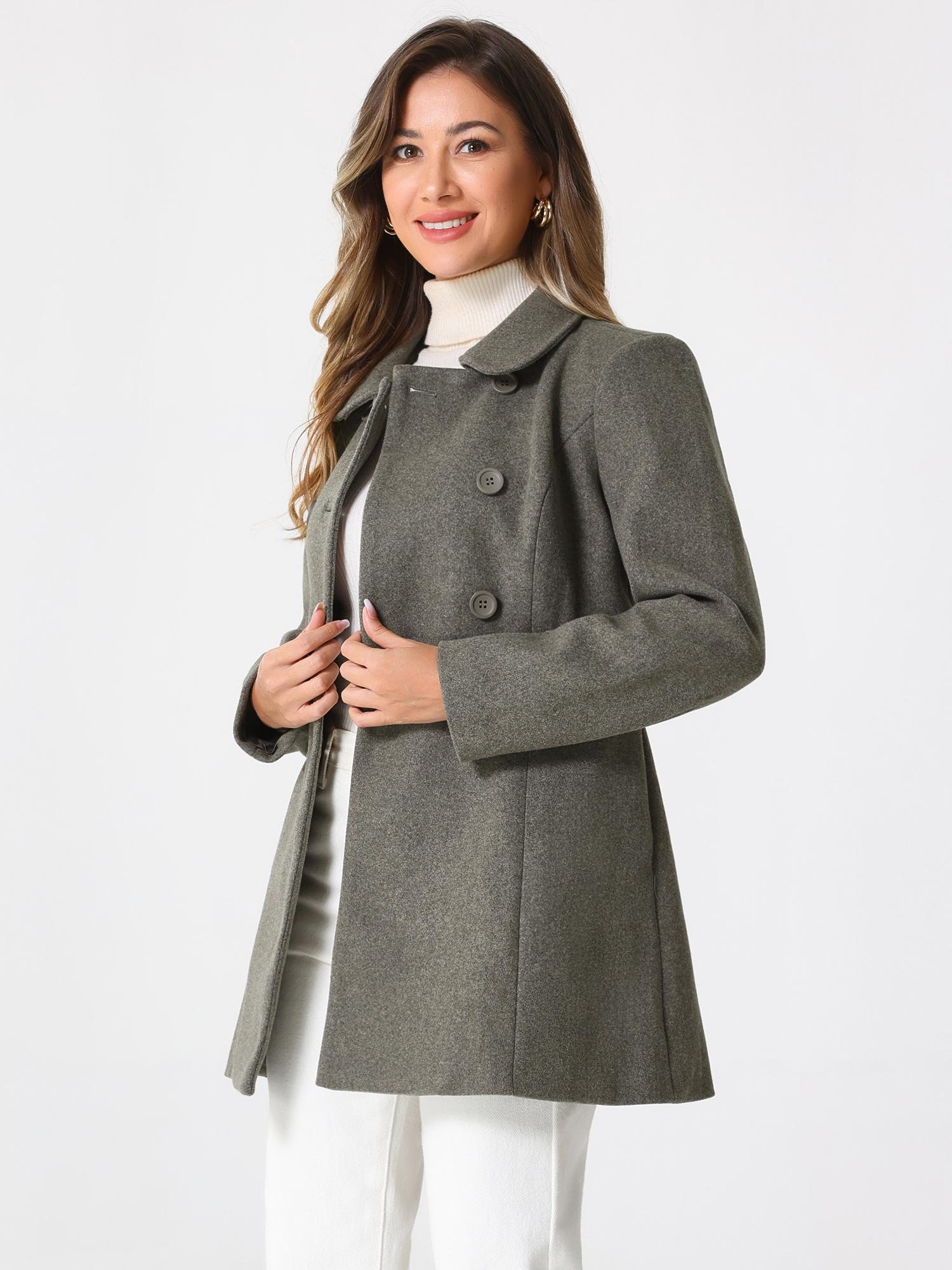 DARING DIVA Women's Peter Pan Collar Double Breasted Winter Trench Coat Dusty Dark Grey S