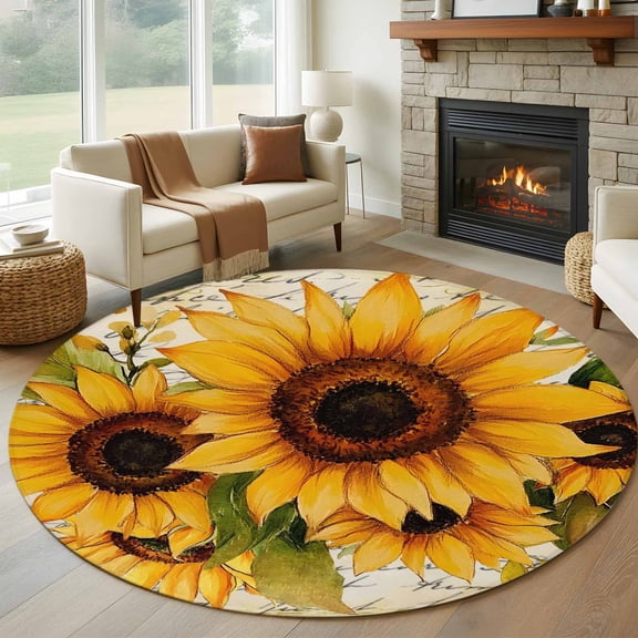 Sunflower Round Rug 5ft Washable Circle Kitchen Rugs Non Slip Oil Painting Summer Botanical Large Area Rug Indoor Floor Carpet for Bedroom Living Room Home Office Dining Room Nursery