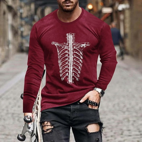Zylanna Men's Long Sleeve T-Shirts, Halloween Print Crew Neck Loose Activewear Casual Tops for Men Wine