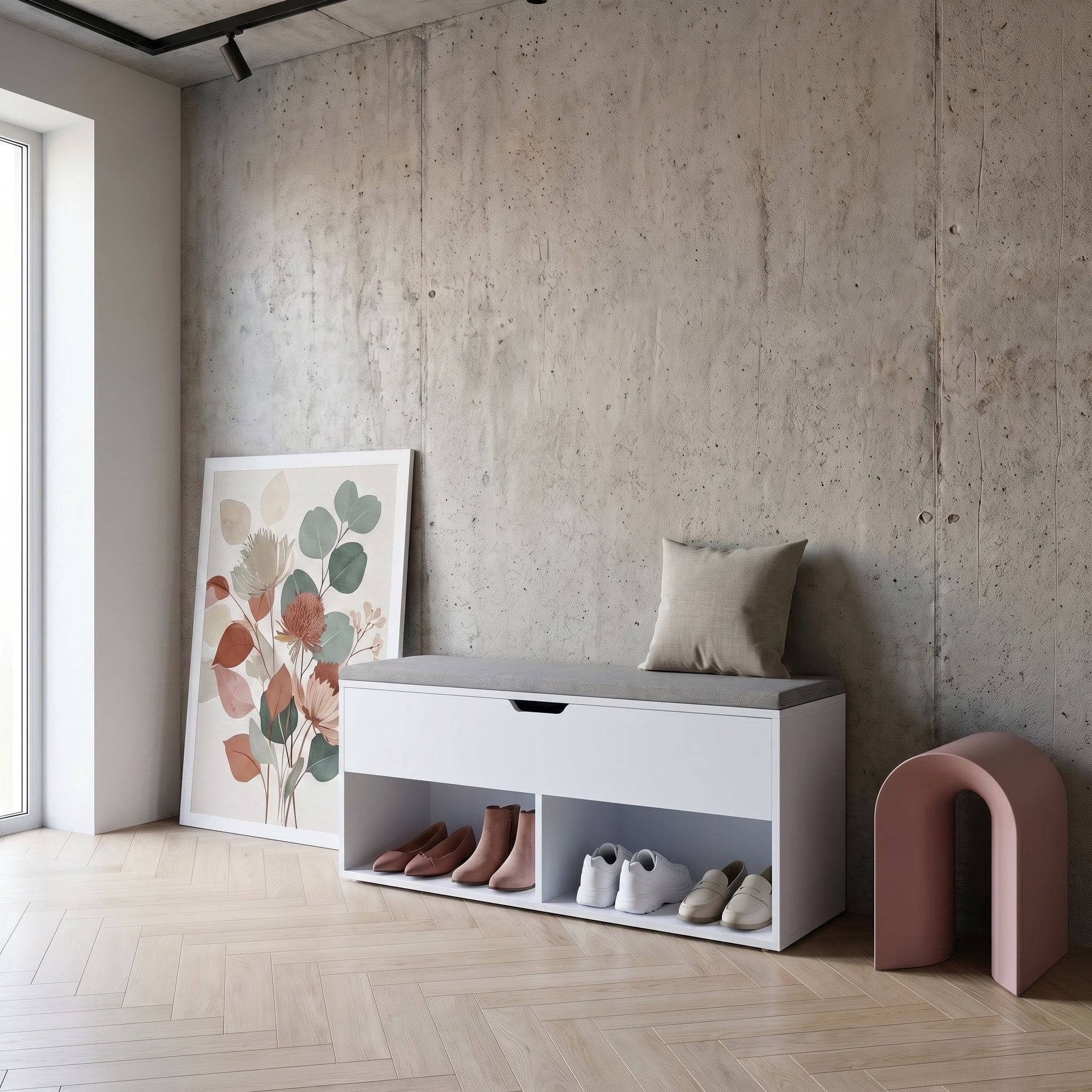 Nordic Hygge White Shoe Storage Bench with Gray Padded Seat and Hidden Compartment