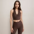thumbnail image 2 of Women's Ribbed Halter Crop Tank Top with Deep V Neckline Seam Detailing - Brown, Small, 2 of 6