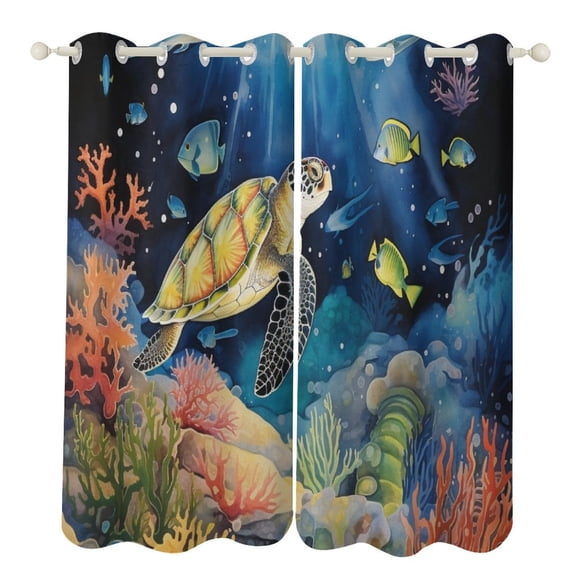 Blackout Curtains for Bedroom Ocean World Turtle Full Room Darkening Grommet Curtains for Living Room,Thermal Insulated Ombre Drapes